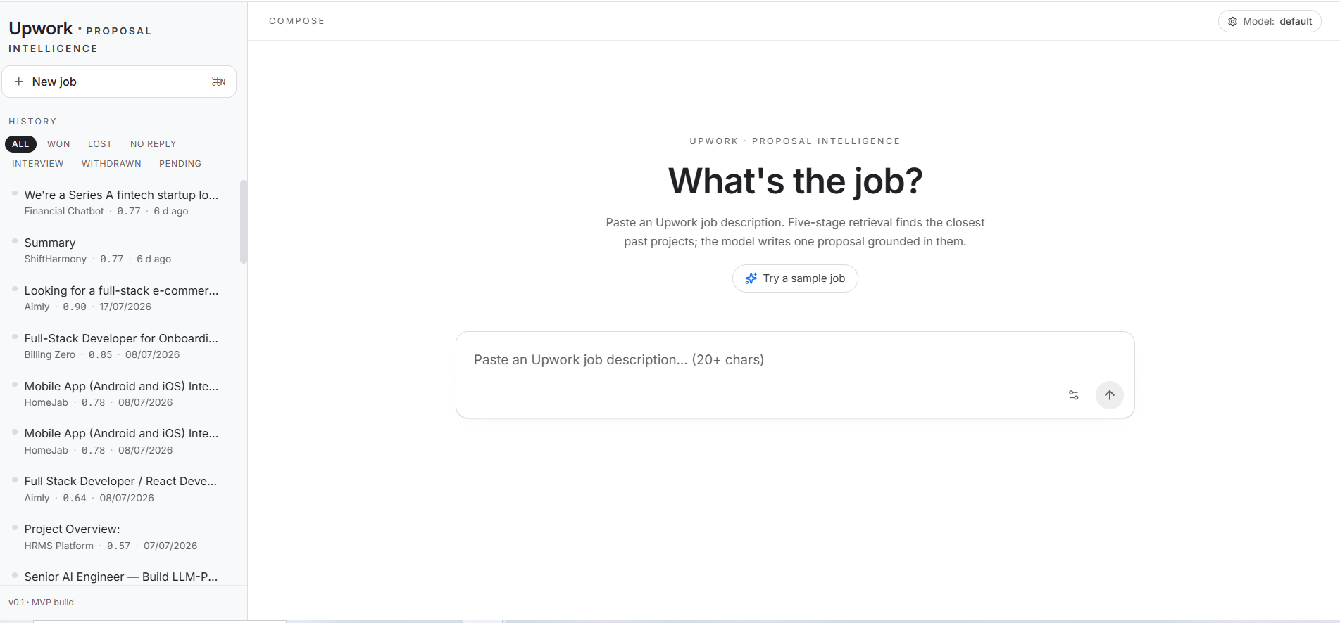 Upwork Proposal Intelligence interface with job history sidebar and compose screen